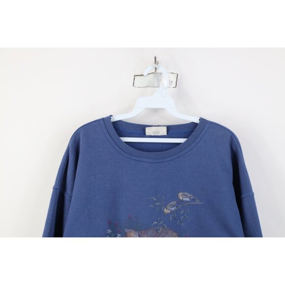 Vintage 90s Streetwear Womens 2XL Faded Nature Cat Kitten Bird Sweatshirt Blue - Picture 2 of 16
